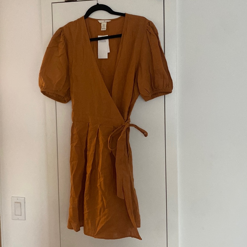 Linen Blend Puff Sleeved Wrap Dress